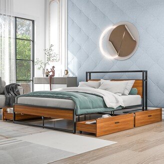 TOSWIN Modern Rustic Metal Platform Bed Frame with Four Drawers, Wooden Headboard, Sockets, and USB Ports