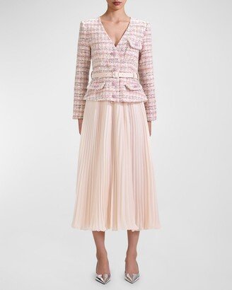 Sequin Bouclé Suiting & Chiffon Belted Combo Midi Dress