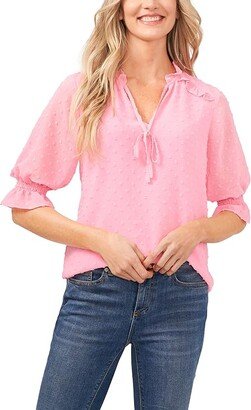 Split-Neck Clip Dot Chiffon Blouse (Pink Begonia) Women's Clothing