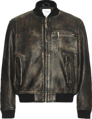 Distressed Leather Bomber Jacket in Black