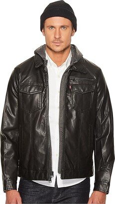 Faux Leather Trucker with Jersey Hood and Fleece Lining (Black) Men's Coat