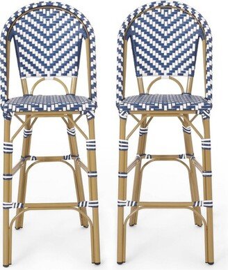 Kinner 2pk Outdoor Aluminum French Bar Stools - Navy/White/Bamboo