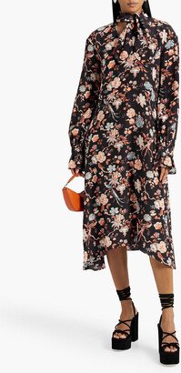 Pussy-bow floral-print silk crepe de chine midi dress