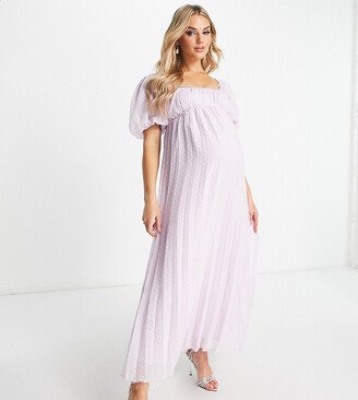 ASOS DESIGN Maternity puff sleeve pleated textured midi dress with scallop trim in lavender