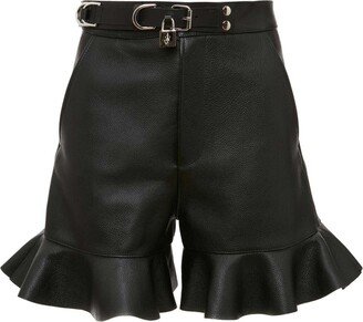 Padlock-Strap Ruffled Leather Shorts