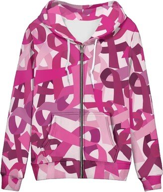 Howanight Women Full Zip Up Hoodie Drawstring Sweatshirts Pink Breast Cancer Ribbon Printed Long Sleeve Hoodie Jacket Tops-S