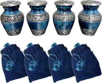 Cremation Urn, Keepsake Urns, Blue & Silver Funeral Tokens, Set Of Four Token Urns With Bags