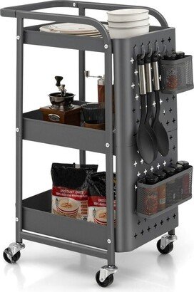 IGEMANINC Multifunction 3-Tier Utility Storage with Cart 2 baskets and 4 hooks, Metal Rolling Trolley with 2 DIY Pegboard Baskets-AA