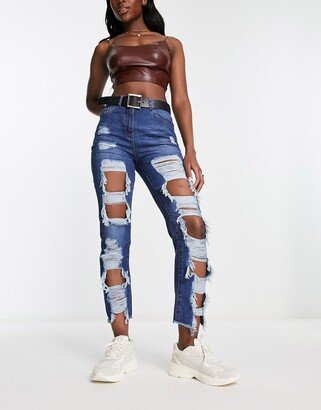 extreme ripped boyfriend jeans in dark blue