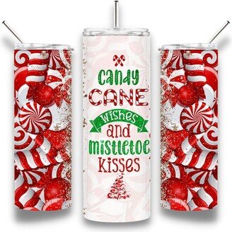 Christmas Tumbler With Lid & Straw, 20Oz Skinny Tumbler, Holiday Gift For Family, Candy Cane Wishes Misteltoe Kisses