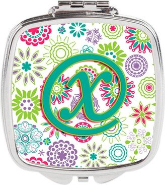 CJ2011-XSCM Letter X Flowers Pink Teal Green Initial Compact Mirror