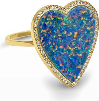 Yellow Gold Blue Opal Inlay Heart Ring with Diamonds, Size 6.5