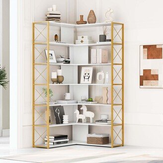 7-Tier L-Shaped Corner Bookcase with Open Storage