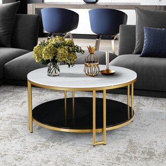 NEWDECOR Nesia Modern Accent White Marble Gold Coffee Table Round Sofa Cocktail Double Layer Storage Table Brass Legs - 36''D x 17.5 H