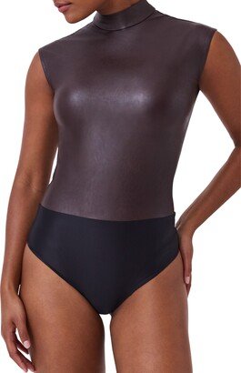 Mock Neck Faux Leather Thong Bodysuit