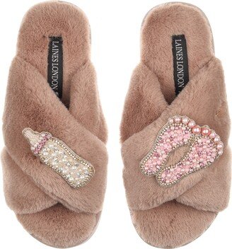 Laines London Classic Laines Slippers With New Baby Girl Brooches - Toffee