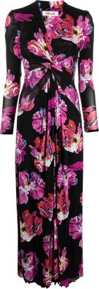 Painted Blossom-Pattern Midi Dress