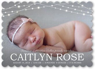 Birth Announcements: Bokeh Lights Birth Announcement, White, Pearl Shimmer Cardstock, Scallop