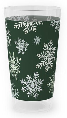 Outdoor Pint Glasses: Lace Snowflakes On Hunter Green Outdoor Pint Glass, Green