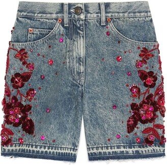 Floral Sequin-Embellished Denim Shorts