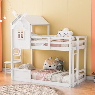 Kids House Bunk Bed Twin Over Twin, Wood Floor Bunk Bed with Roof, Window, Guardrail and Ladder, Low Bunk Beds for Kids, Teens