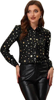 Allegra K Star Shirt for Women' Metallic Gilding Shiny Long Sleeve Vintage Bloue Black Small