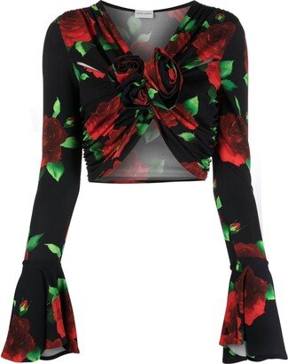 Cropped Rose-Print Twist-Front Blouse