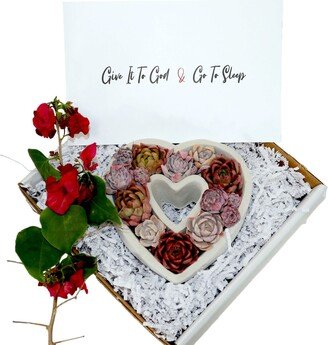 Diy-Gift | Give It To God & Go Sleep Heart Shaped Assorted Succulents Gift Box Inspirational Spiritual Bible Quotes Verse Self-Love Gifts-AA