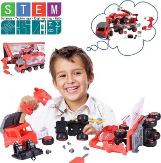 Hozxclle Take Apart Toys Diy Mini Fire Truck-With Working Drill-Can Be Remote Control Fire Truck Set Assembly Drawing 2 In 1 Drill/Motor