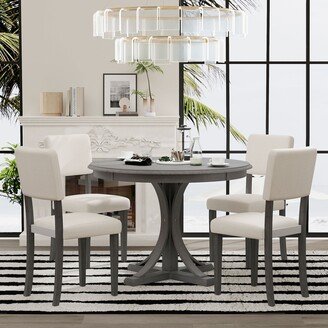 EDWINRAY 5-Piece Retro Round Dining Table Set with Curved Trestle Style Table Legs and 4 Upholstered Chairs for Dining Room