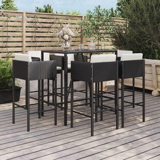 7 Piece Patio Bar Set with Cushions Black Poly Rattan - 19.7 x 18.9 x 39.4-AA