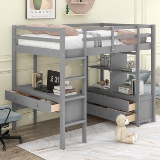 Twin Size Grey Wood Loft Bed with Built-in Desk, Storage Shelves and Drawers