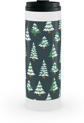 Travel Mugs: Winter Village Trees With Snow - Dark Stainless Mug, White, 16Oz, Green