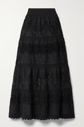 Cali Tiered Guipure Lace And Embroidered Cotton-voile Maxi Skirt - Black