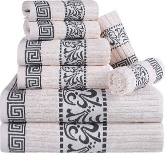 Athens Cotton 8Pc Towel Set With Greek Scroll & Floral Pattern-AH