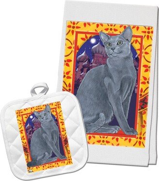 Cat Russian Blue Kitchen Dish Towel & Pot Holder Gift Set