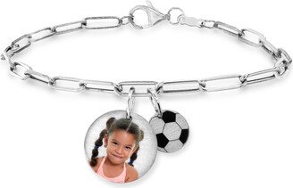 Photo and Sport Disc Charms Paper Clip Link Bracelet in Sterling Silver (1 Image and Sport) - 7.5