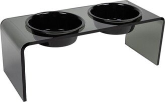 Hiddin Medium Smoke Grey Double Bowl Pet Feeder With Black Bowls-AA