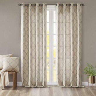 Gracie Mills Saratoga Basketweave Beige Ground Soft Grey Fretwork Print Window Curtain, 50x95, Silver Grommet Top