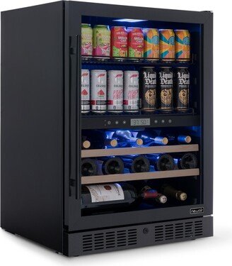 24 Wine and Beverage Refrigerator - 24 Bottles & 100 Cans, Dual Temperature Zone, Black Stainless Steel & Double-Layer Tempered Glass Door, Qu