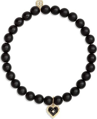 Diamond Enamel Heart on Matte Onyx Beaded Bracelet