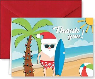 Paper Frenzy Surfing Santa Tropical Beach Christmas Holiday Thank You Note Cards with Red Envelopes - 25 pack