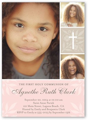 First Communion Invitations: Floral Cross Girl Communion Invitation, Beige, Matte, Signature Smooth Cardstock, Square