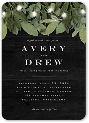 Wedding Invitations: Lit Foliage Wedding Invitation, Black, 5X7, Matte, Signature Smooth Cardstock, Rounded