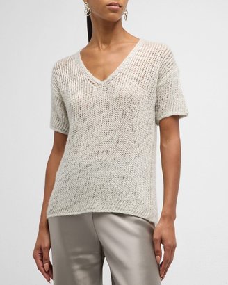 V-Neck Mesh-Stitch Metallic Knit Pullover