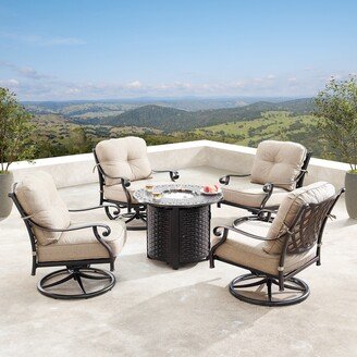 Oakland Living Outdoor Aluminum 34 in. Round Fire Table Set with Four Deep Seating Swivel Rocking Chairs, Fire Beads, Lid and Fabric Cover