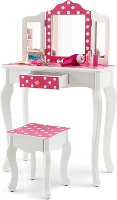 Kid Vanity Set Wooden Makeup Table Stool Tri-Folding Mirror Pink