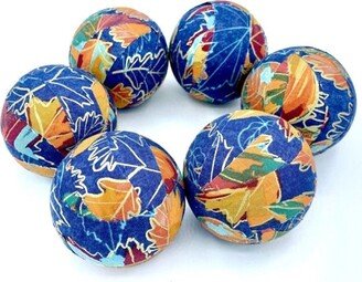 Fall Leaves in Blue Fabric Wrapped Balls- Autumn Bowl Filler Orb Set - Decorative Balls