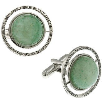 Jewelry Silver-Tone Semi-Precious Jade Round Cufflinks