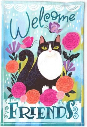 Tuxedo Cat Tea Towel - Welcome Friends By Cynthiafrenette Blue Watercolor Pink Butterfly Linen Cotton Canvas Spoonflower